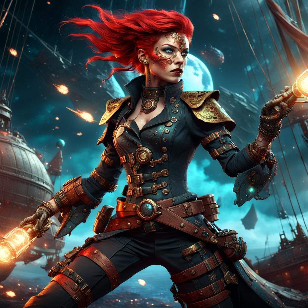 Steampunk Space Pirate Woman in Art Nouveau Style