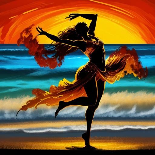 Expressionist Figure Dancing Over Fire on Beach