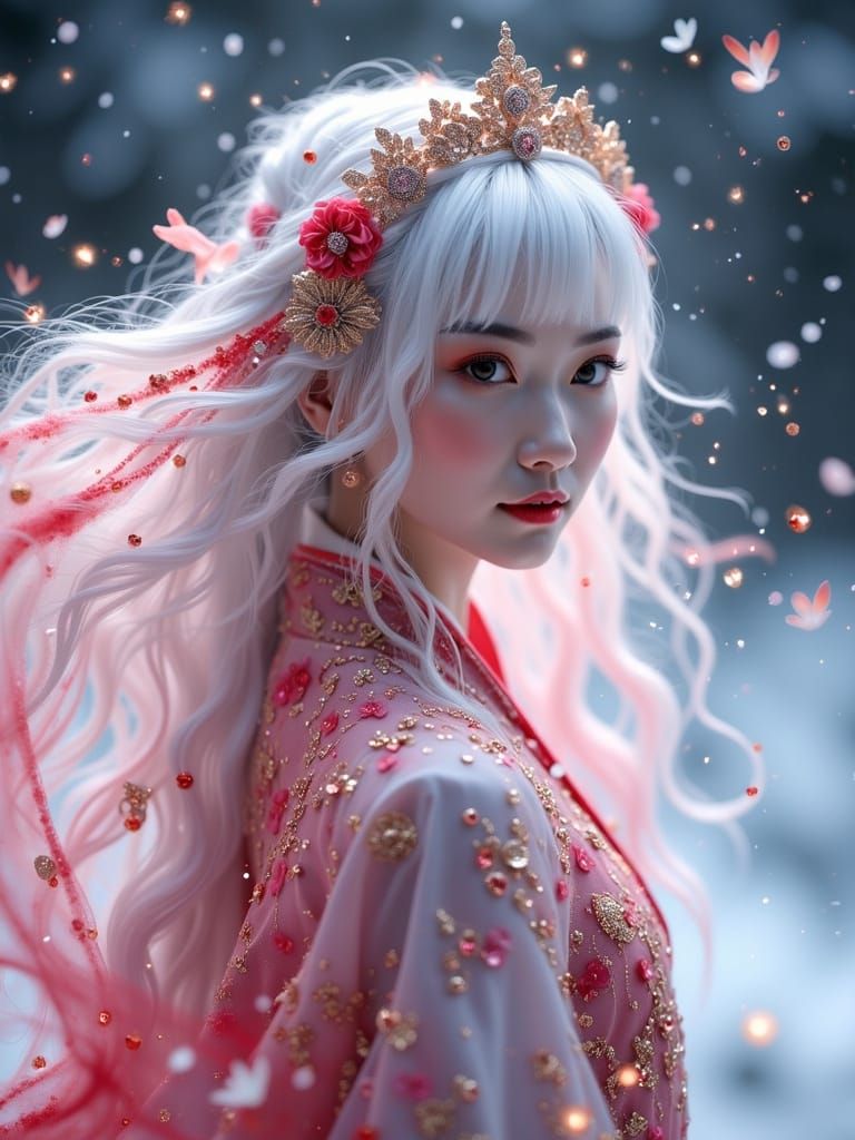 Chinese Princess Shiori in Snow with White Hair and Red Robe...