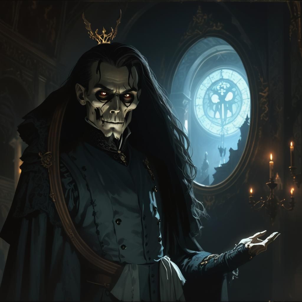 Eerie Nobleman in Gothic Ballroom: Dark Fantasy Art
