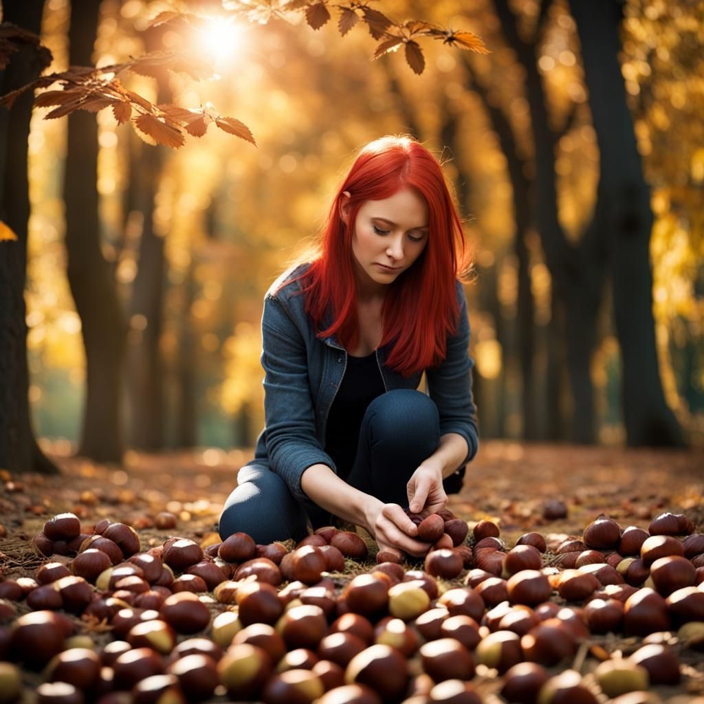 Romantic Chestnut Gathering in Autumn Grove