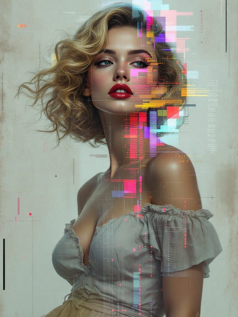 Pin-Up Woman with Digital Glitch Overlay