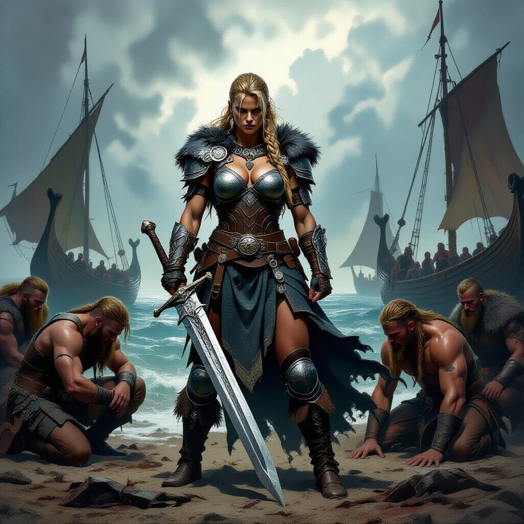 Viking Amazon Warrior Victorious Over Kneeling Men