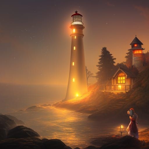 Fantastical Lighthouse with Lanterns and Stars