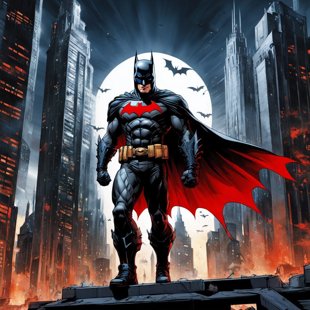 Batman in Wonderbat Armor Leaping Between Buildings