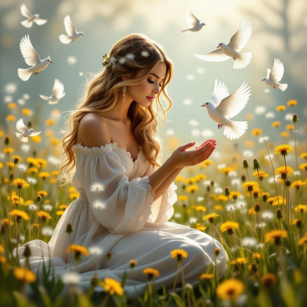 Golden-Haired Woman Offers Dandelions to Ethereal Birds