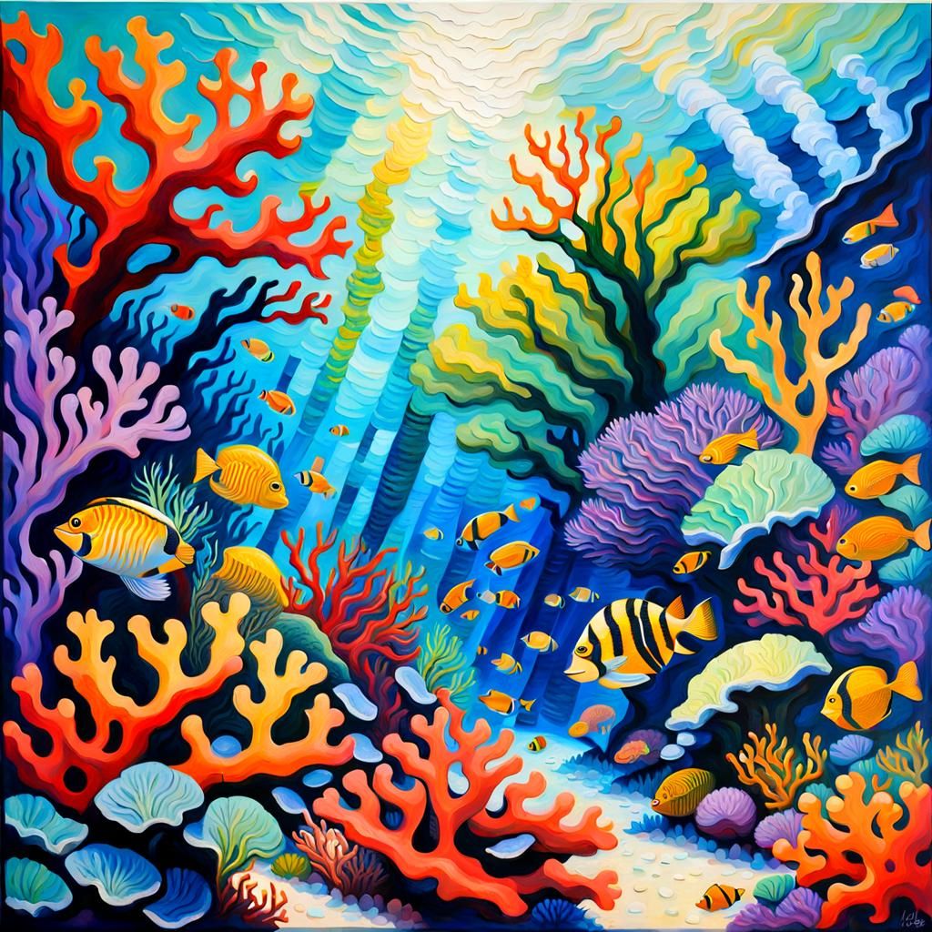 Utopian Coral Reef in Neo-Impressionist Impasto Style