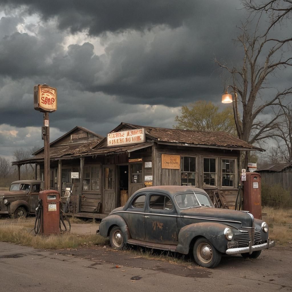 Abandoned Gas Station in Hyper-Realistic Style