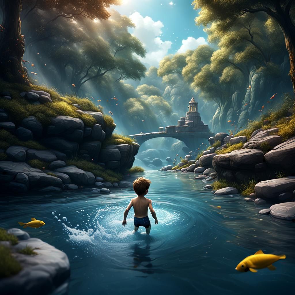 Child Swims in Fantastical River: Detailed Digital Art