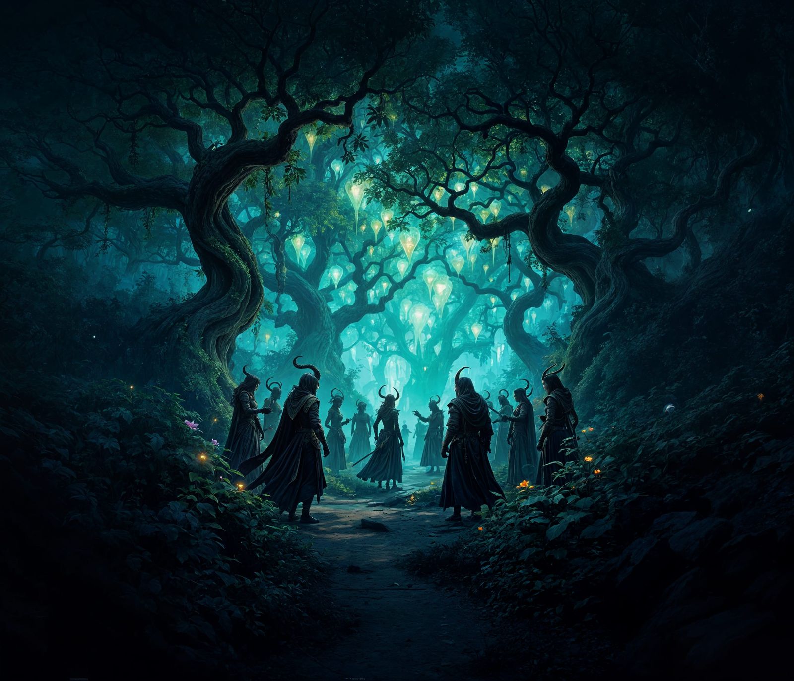 Bioluminescent Grove Gathering of Tiefling Rogues