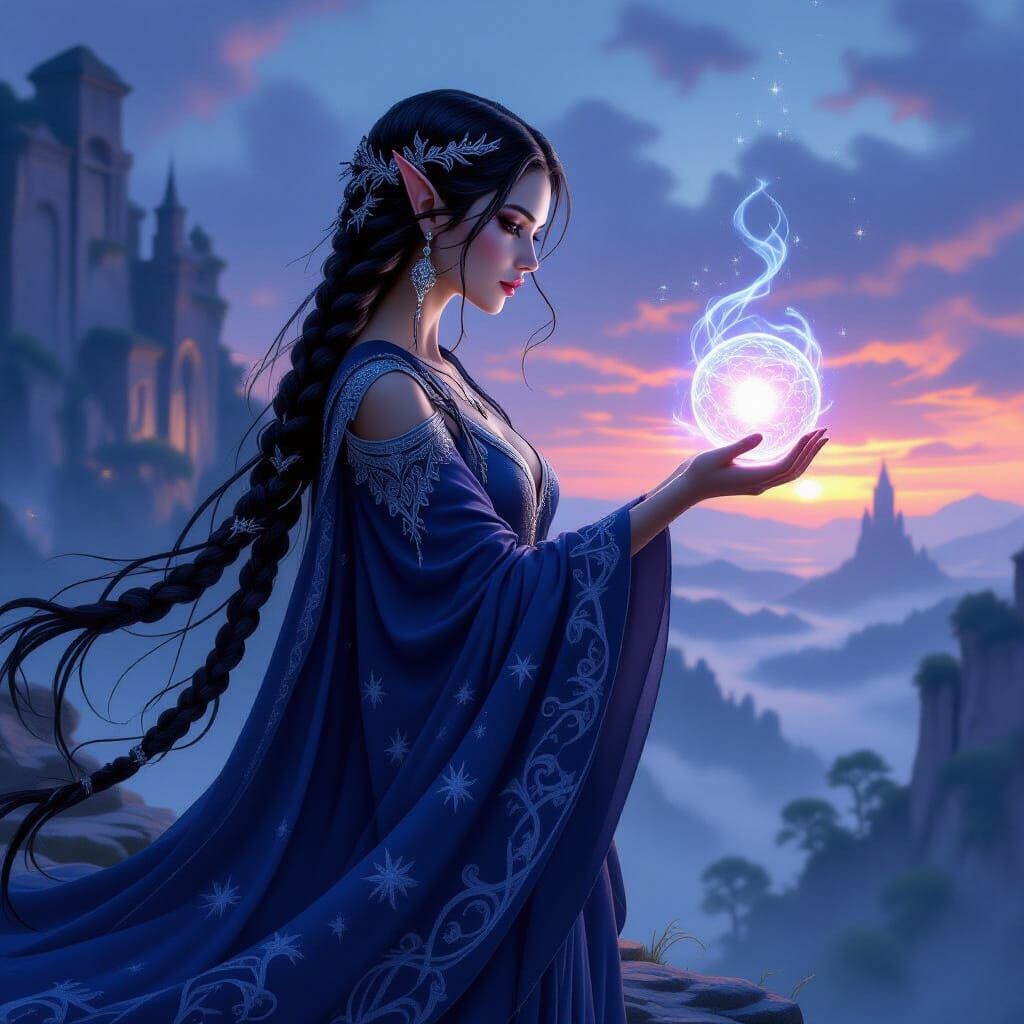 Elven Sorceress on Cliff Overlooking Forest in Fantasy Conce...