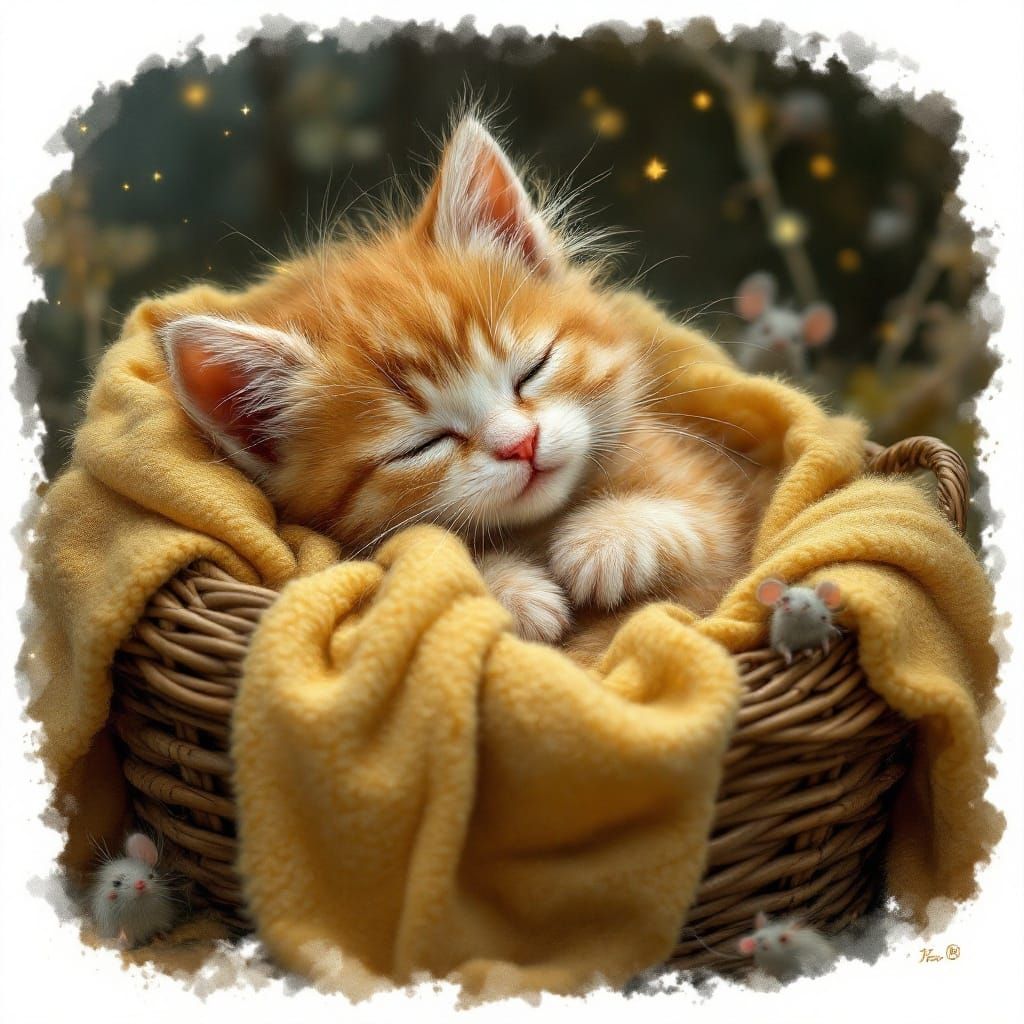 Dreaming Kitten in Moonlit Basket