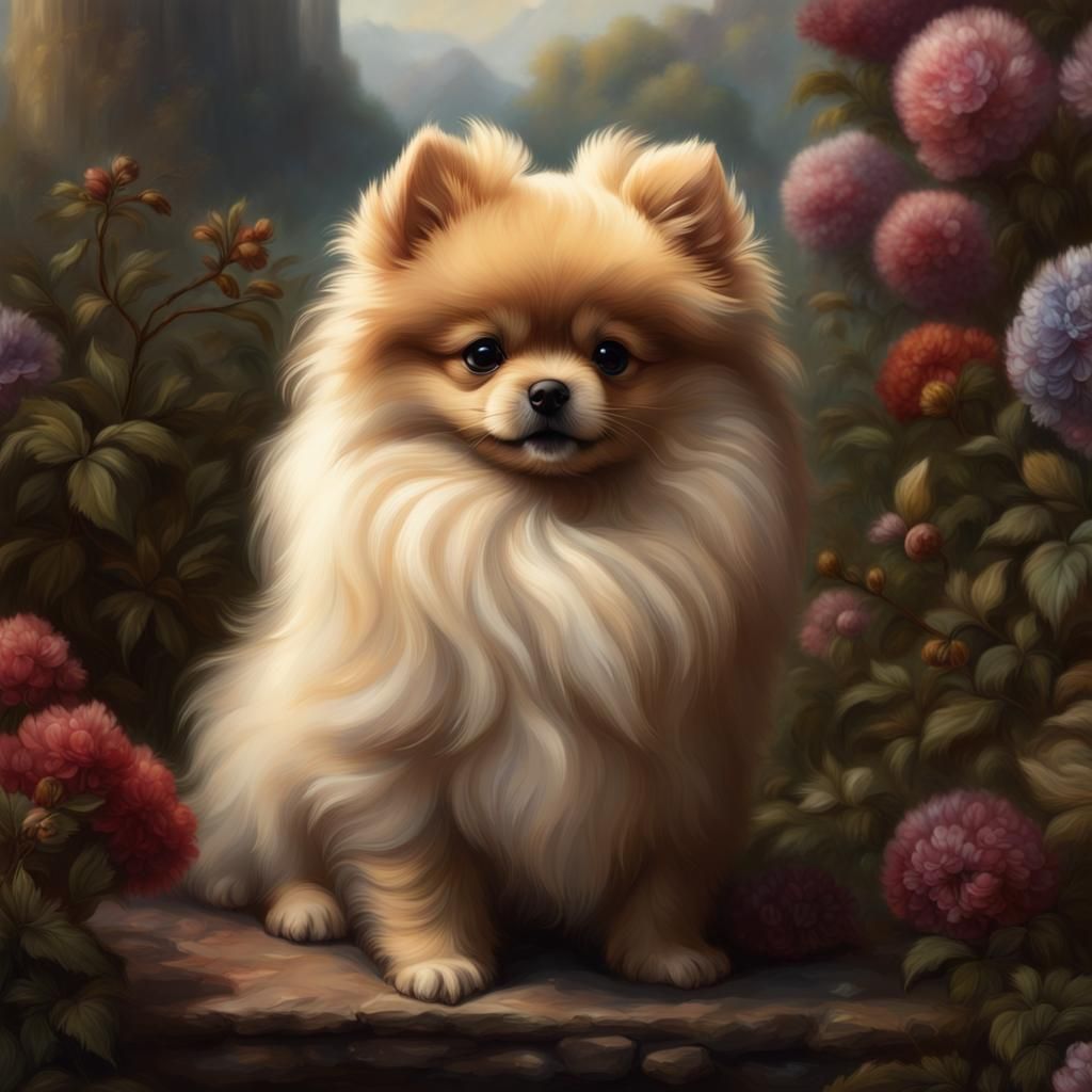 Pomeranian Puppies in Classical Painting Style