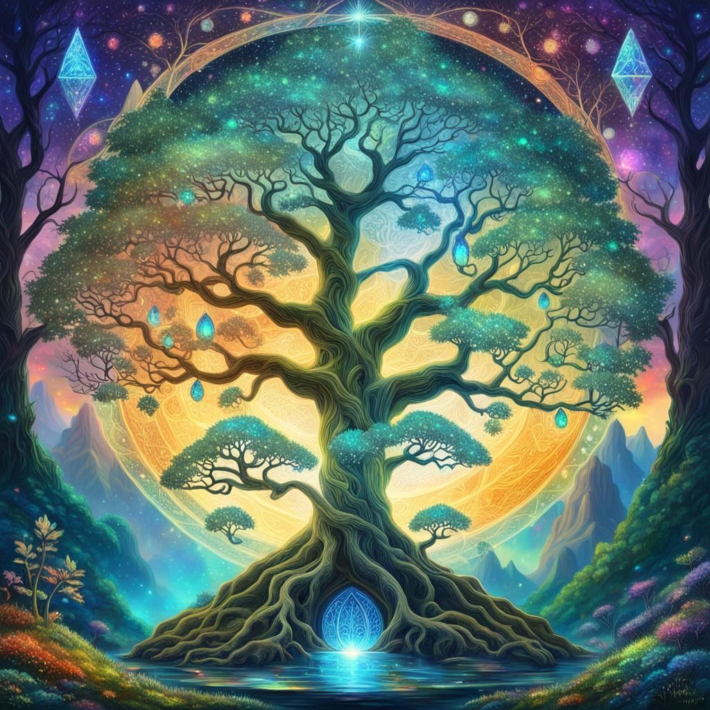 Tree of Life with Opal Leaves, Astral Illustration