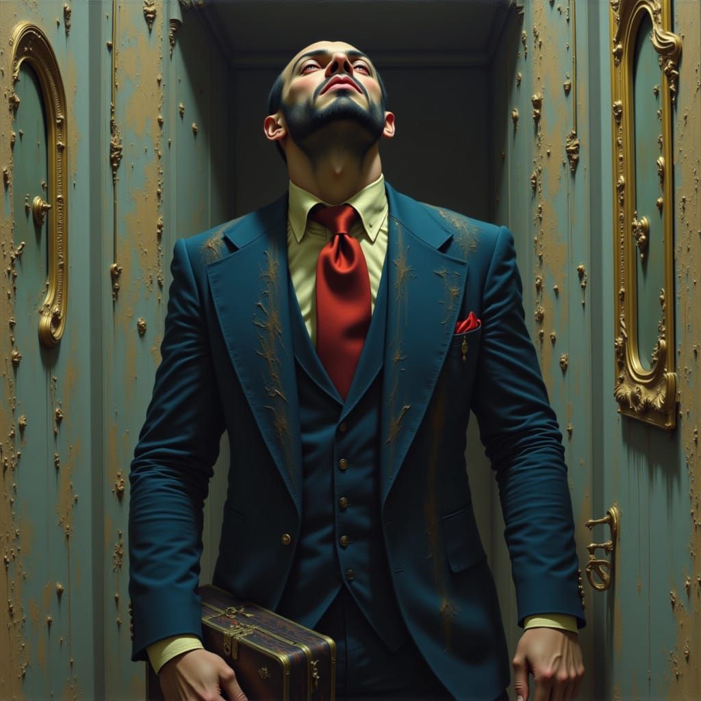 Ominous Figure in Suit with Red Eyes: Digital Art