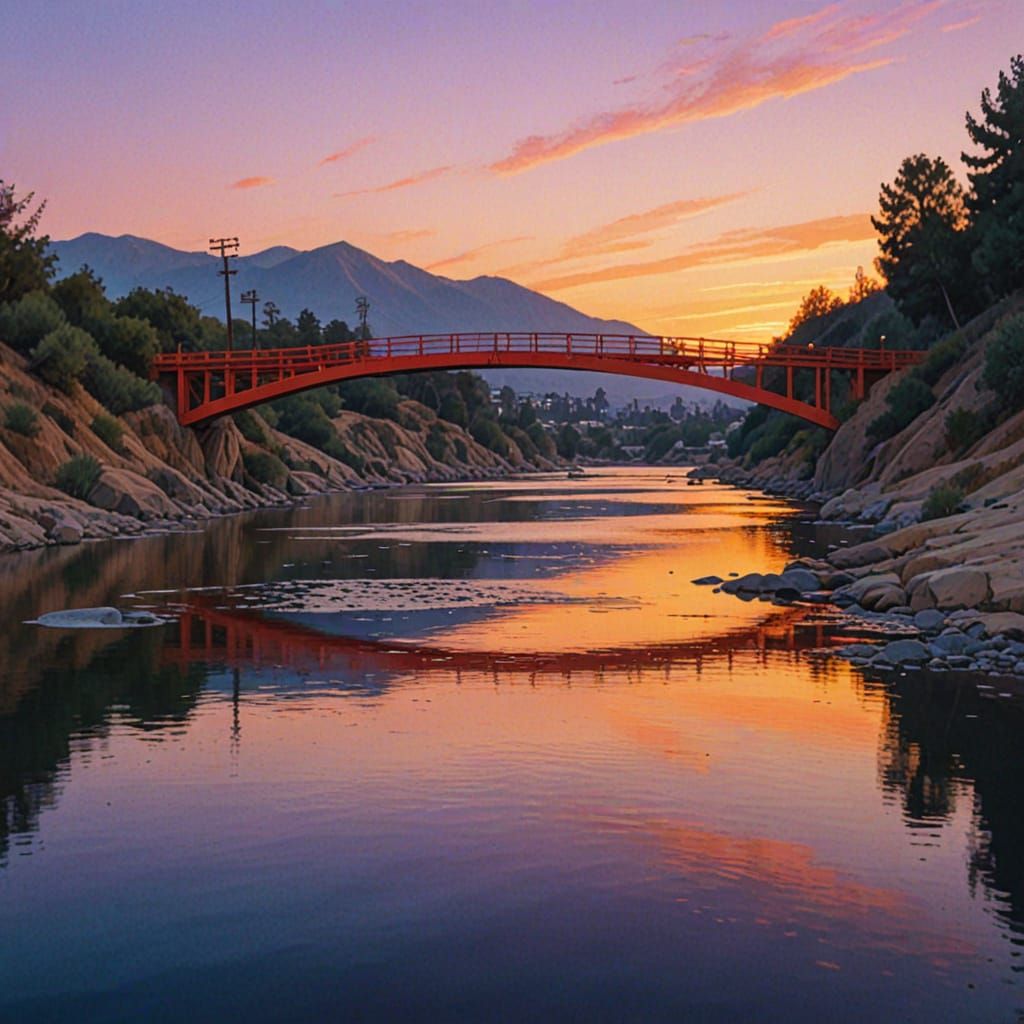 Surreal Sunset on the Red Bridge in Vibrant Oil Painting