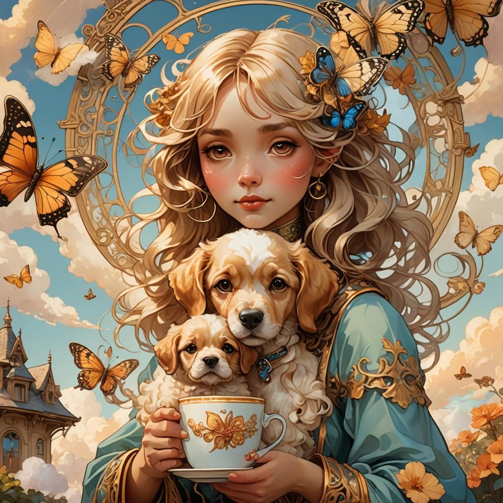 Puppy on Cloud Gazing at Butterfly House, Art Nouveau