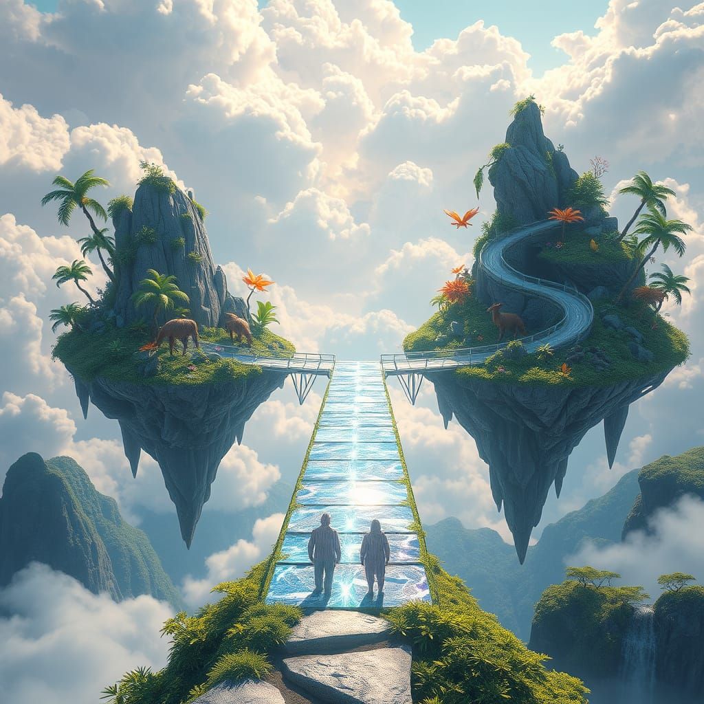Surreal Floating Islands Connect via Shimmering Crystal Brid...