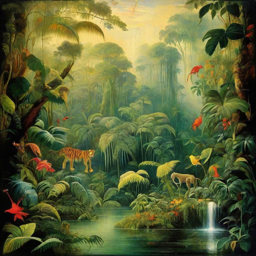 Fantasy Rainforest Scene Inspired by Impressionism