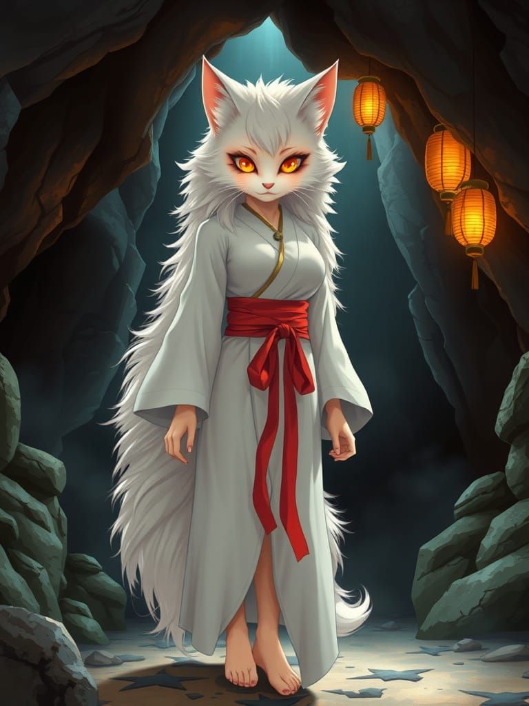 Ethereal Nekomimi Woman in Mystical Cave