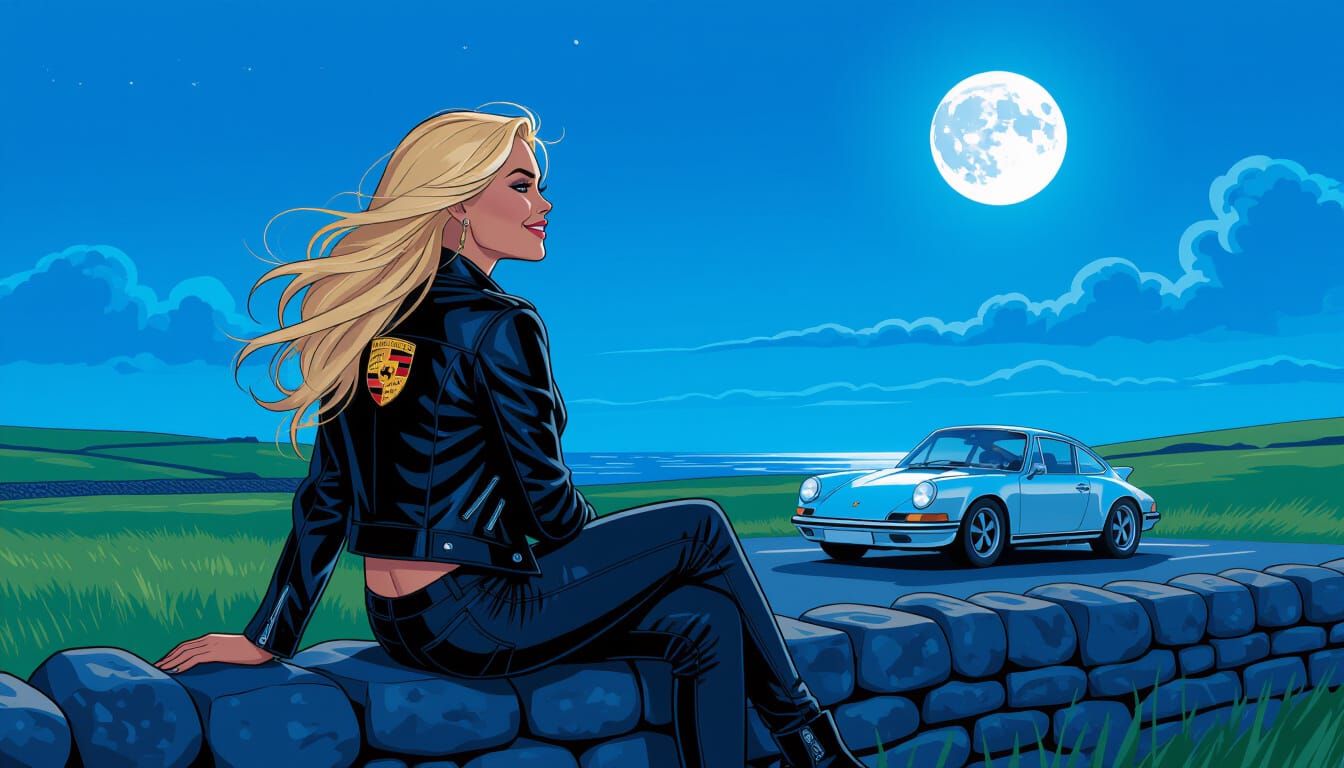 Woman Enjoys Scotland Night in Porsche, Comic Art Style