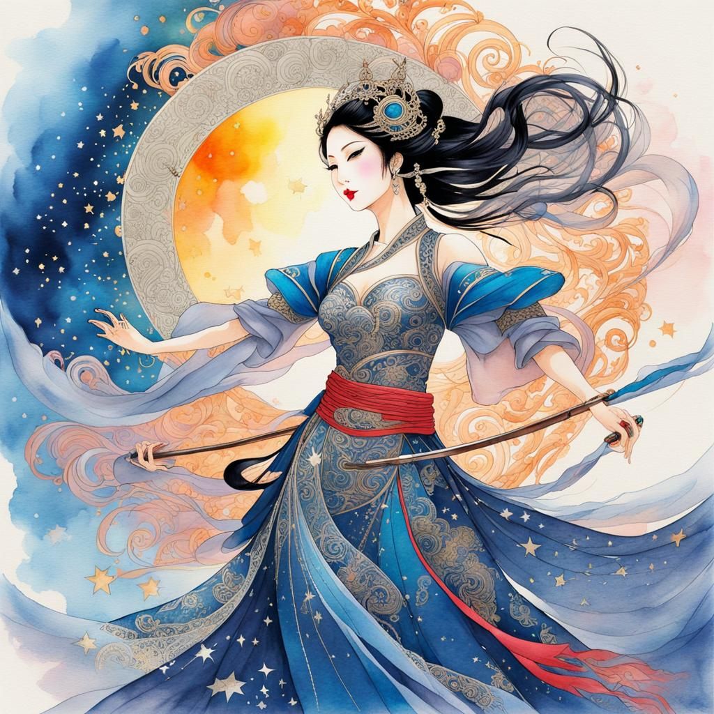 Asian Warrior Princess Dancing in Moonlight, Watercolor Art