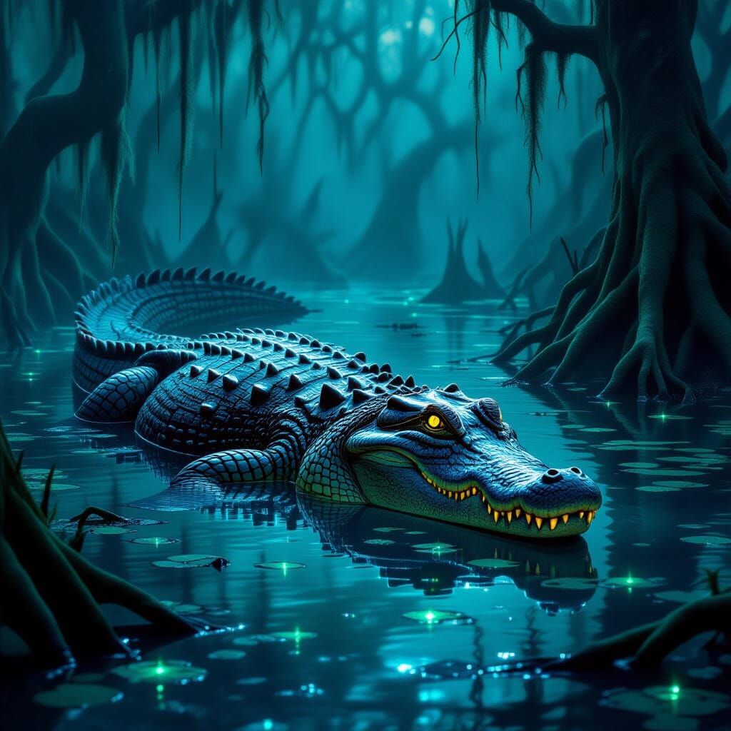 Ancient Alligator in Bioluminescent Swamp