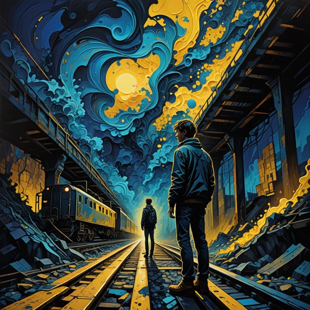 Moody Night Scene with Distorted Forms and Vibrant Colors