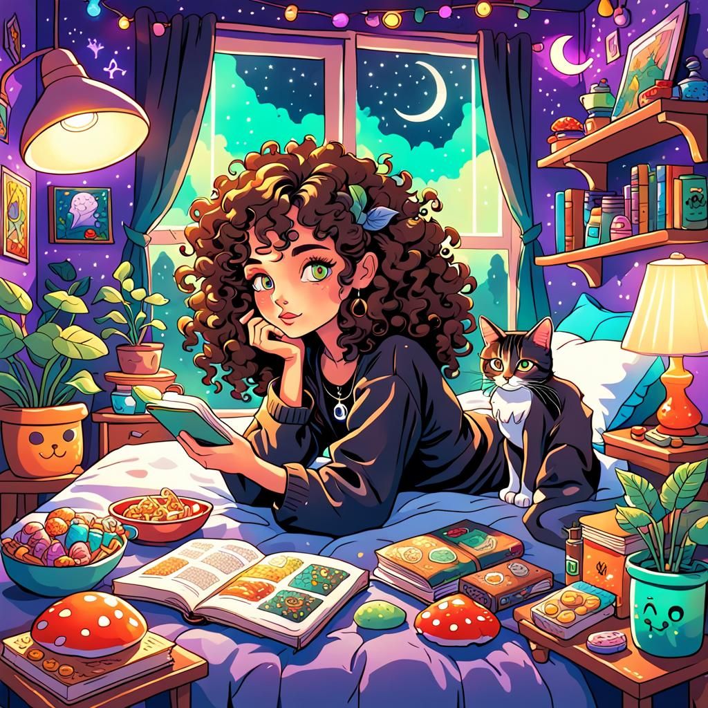 Vibrant Cartoon Witch in Y2K Bedroom