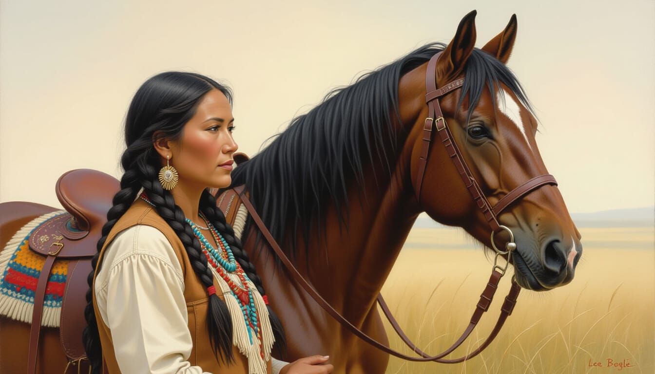 Native Woman and Horse Portrait in Sfumato Style