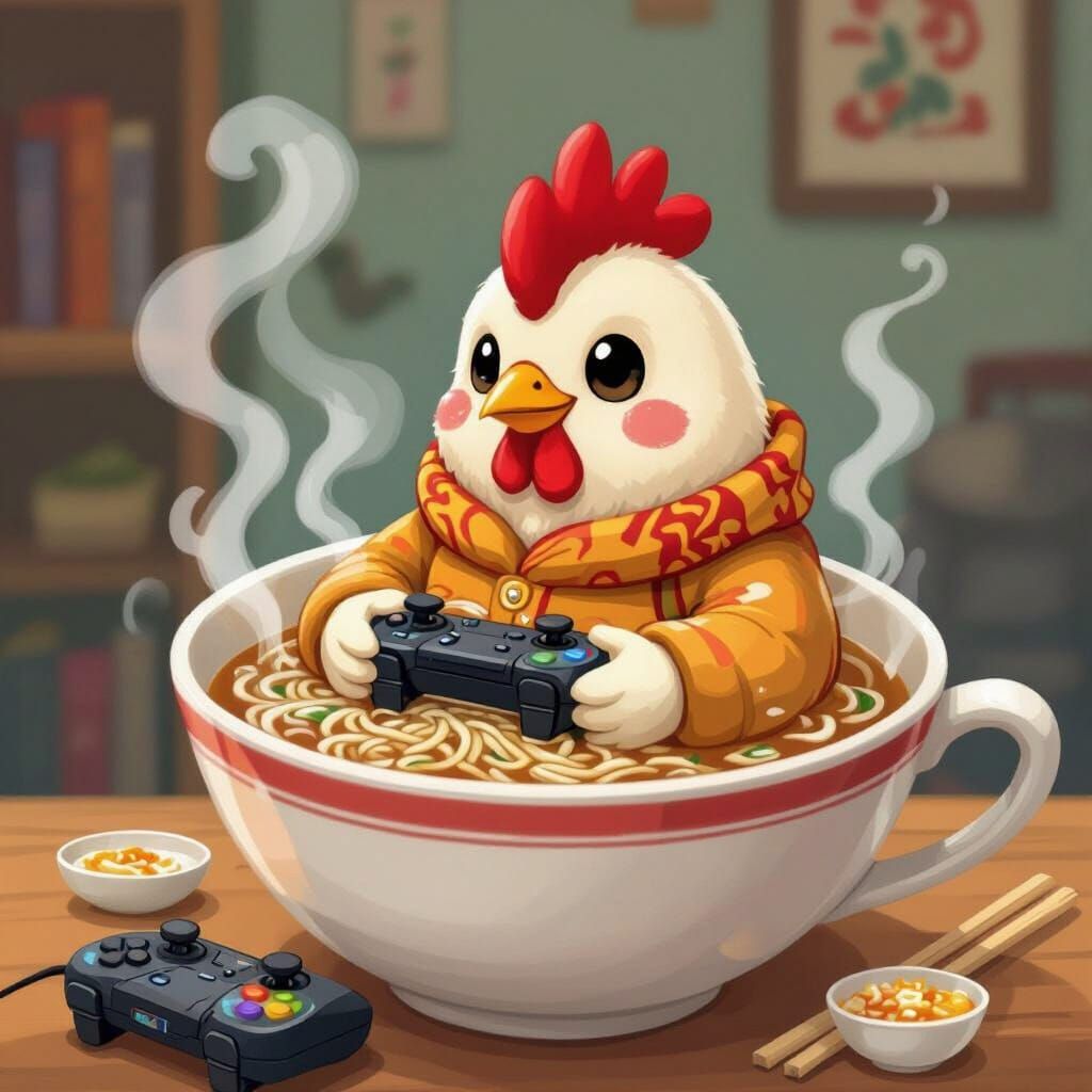 Chicken Gamer in Noodle Soup, Playful Digital Art
