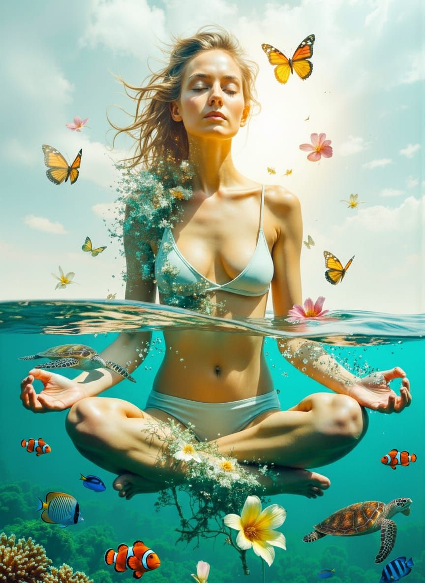 Surreal Meditation Portrait: Woman Merging With Nature