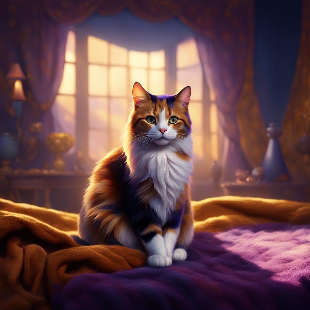 Calico Cat on Purple Blanket: Digital Matte Painting
