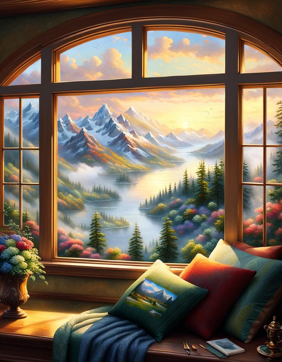 Mountain Lake View from Cozy Room as Oil Painting