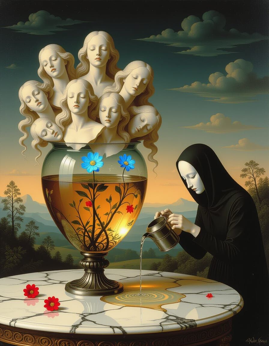 Surreal Macabre Dreamscape with Women's Busts in Glass Vase