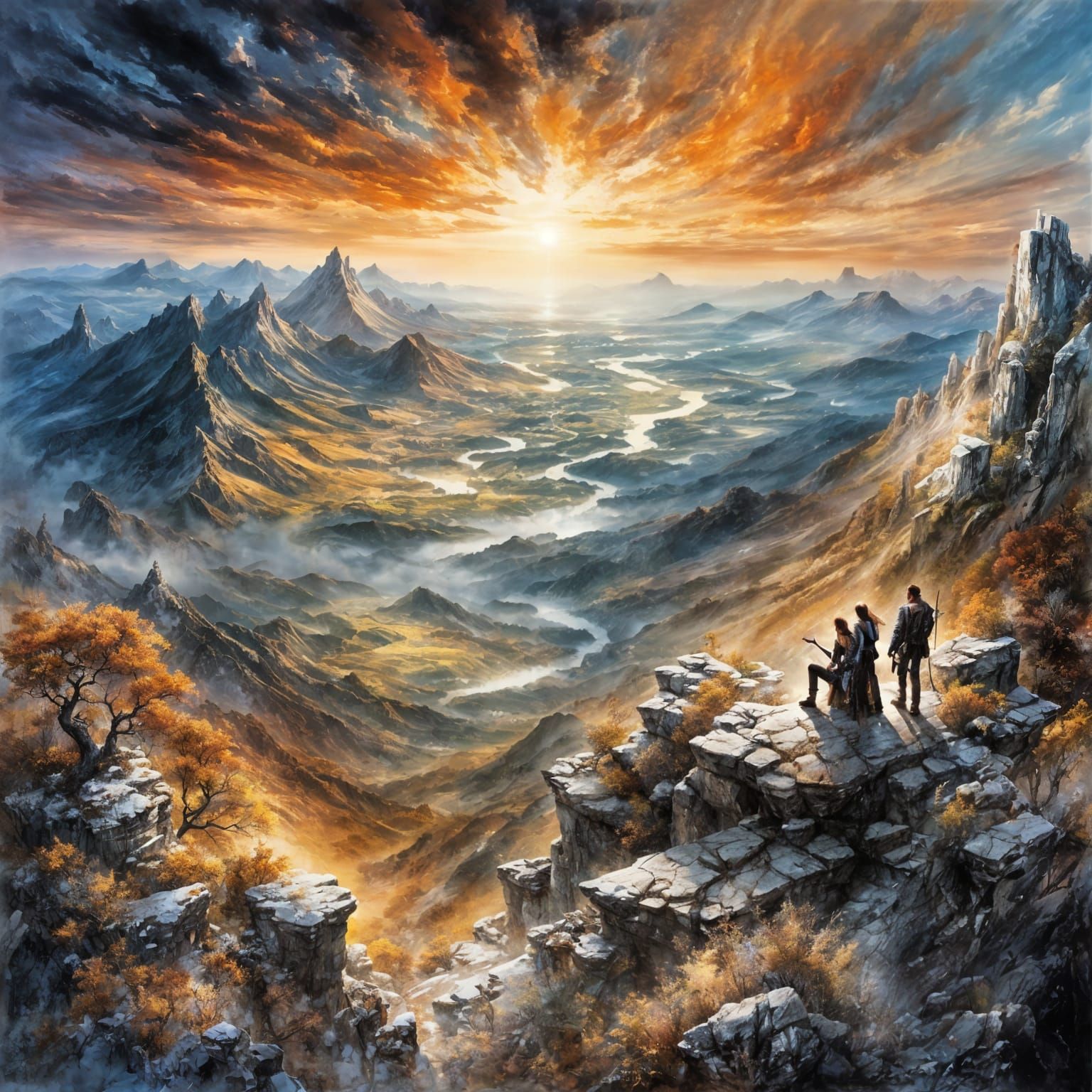 Cinematic Mountain Valley Sunset in Abstract Style