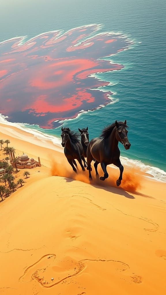 Majestic Black Arabian Horses Gallop Across Egyptian Beach