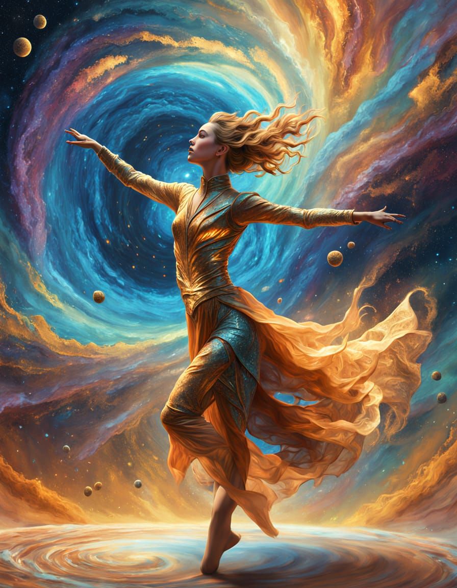 Surreal Space Dancer in Golden Light, Impasto Style