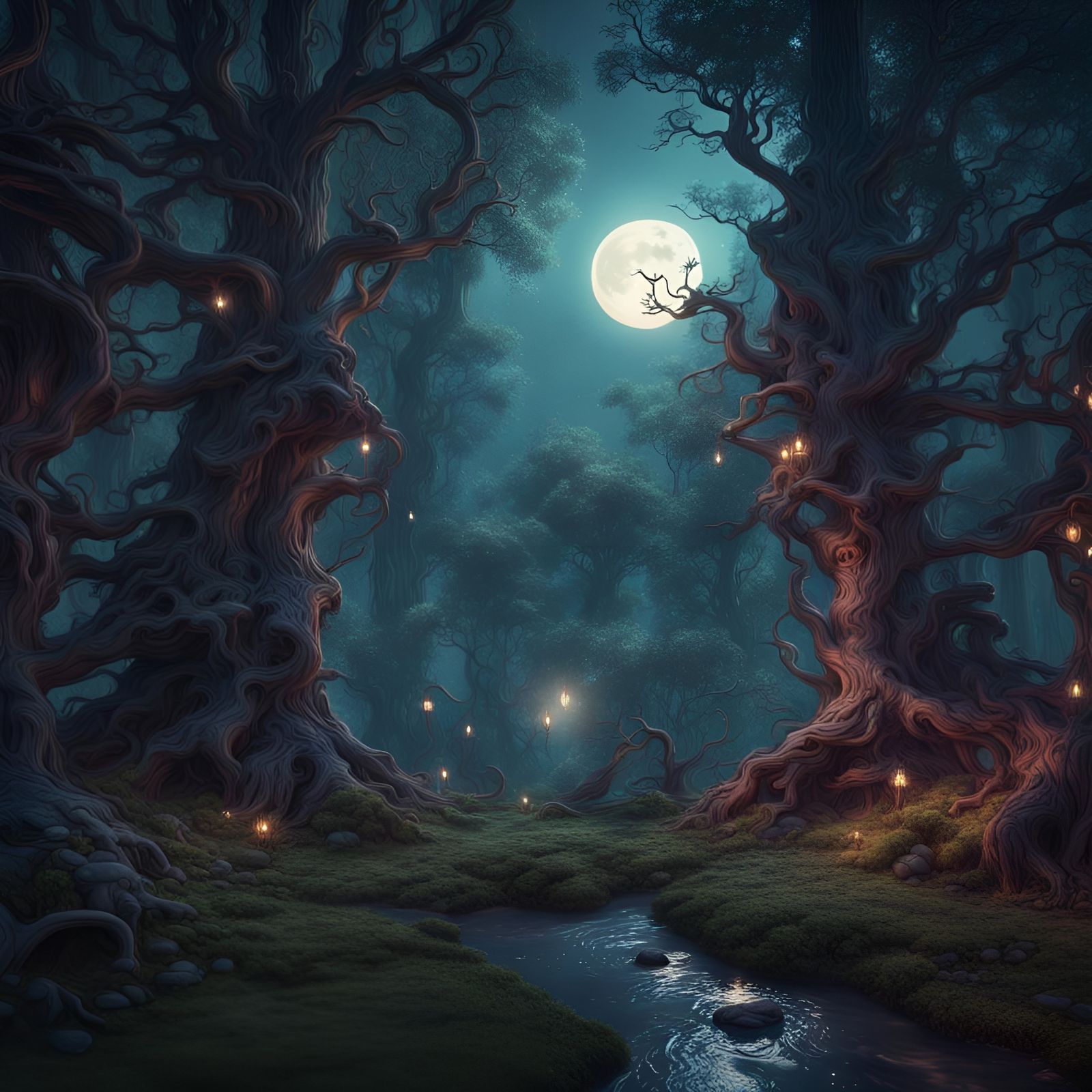 Moonlit Forest: Detailed Matte Painting in 8K