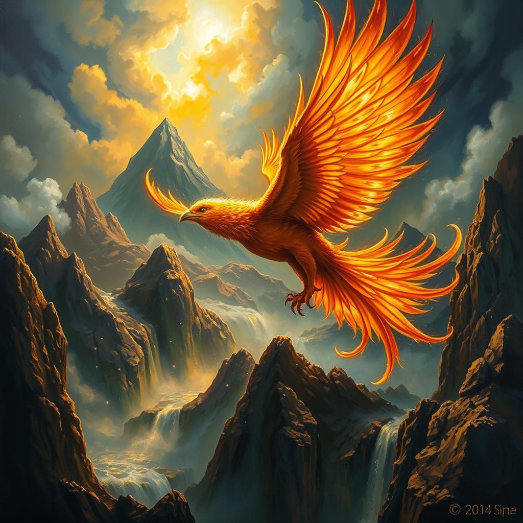Phoenix Soaring Through Mystical Mountains as Impasto Painti...