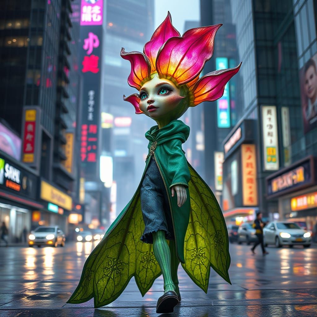 Iridescent Plant Goddess in Cyberpunk Metropolis