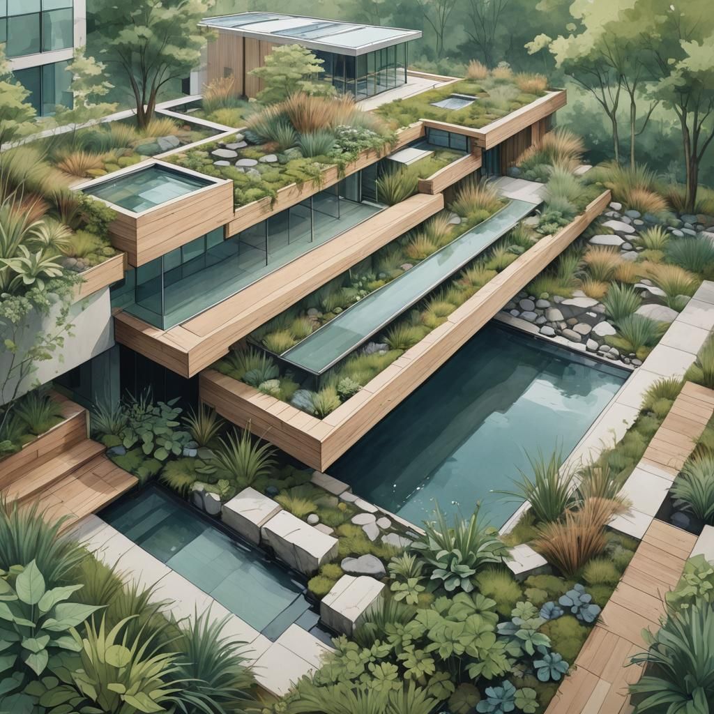 Sustainable Building with Lush Greenery in Minimalist Style