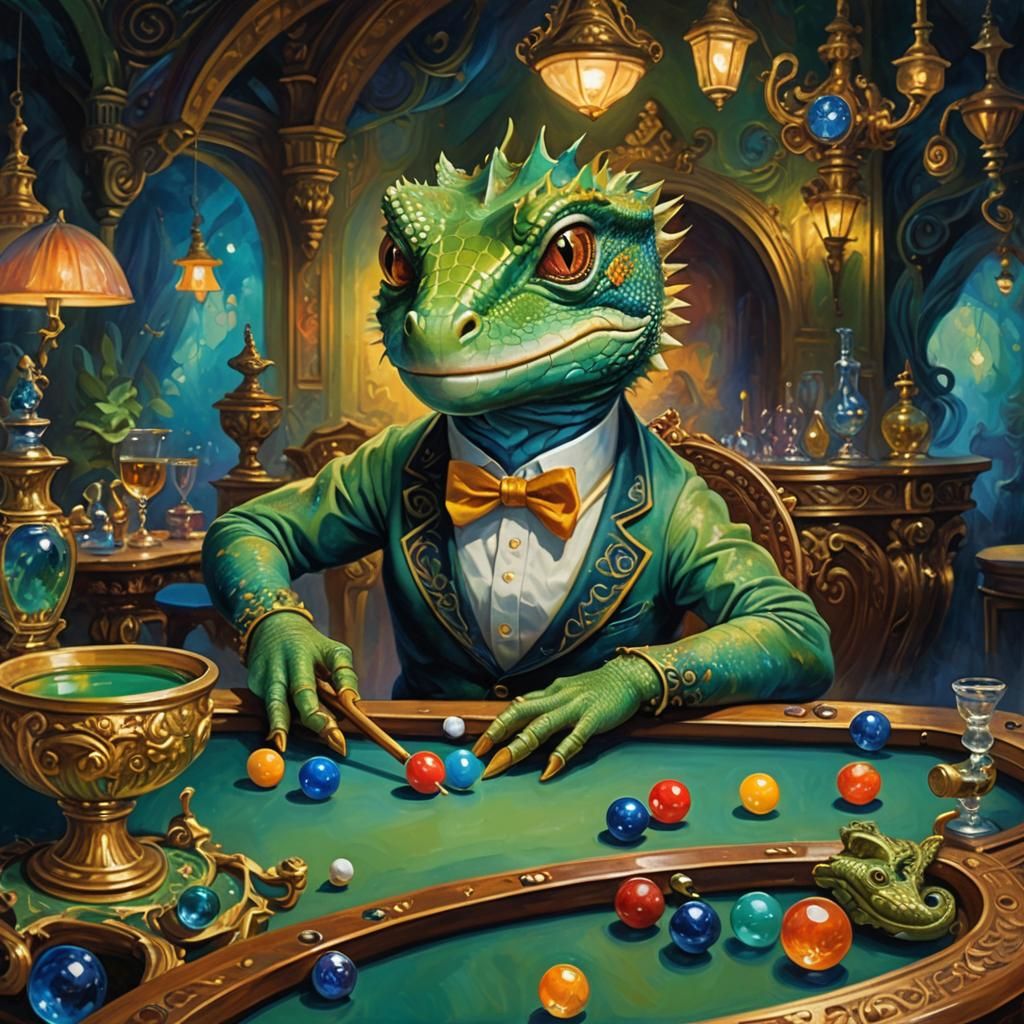 Lizard Playing Billiards in Dreamy Fauvist Oil Painting