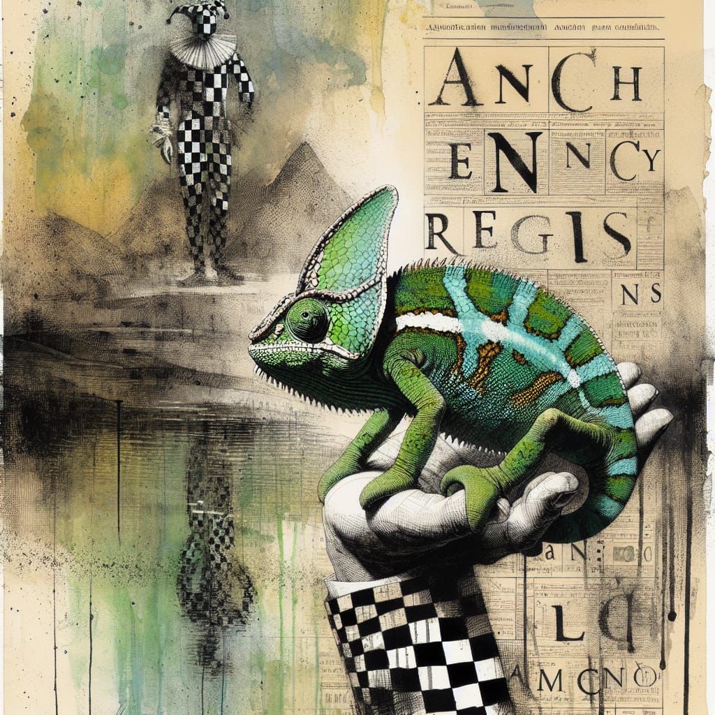 Chameleon and Harlequin in Surrealist Print