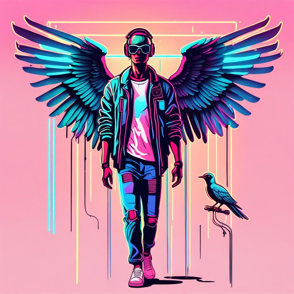 A human with bird's wings and head. synthwave neon retro