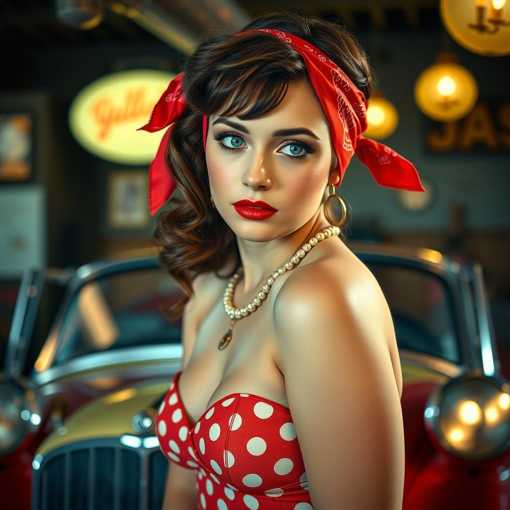 Retro Pinup Girl in Polka Dots, Hyperrealistic HDR