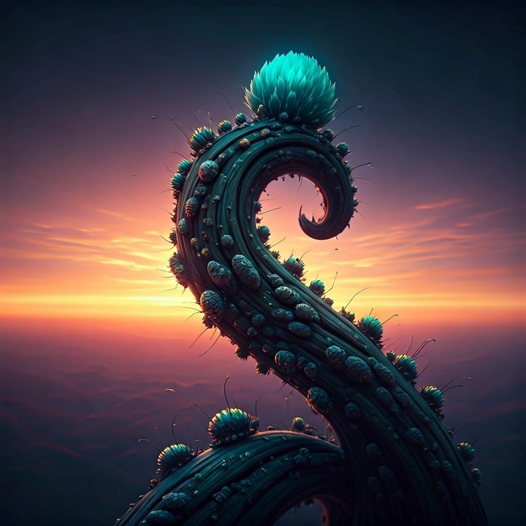 Insects on Twisted Branch in Vibrant Sunset