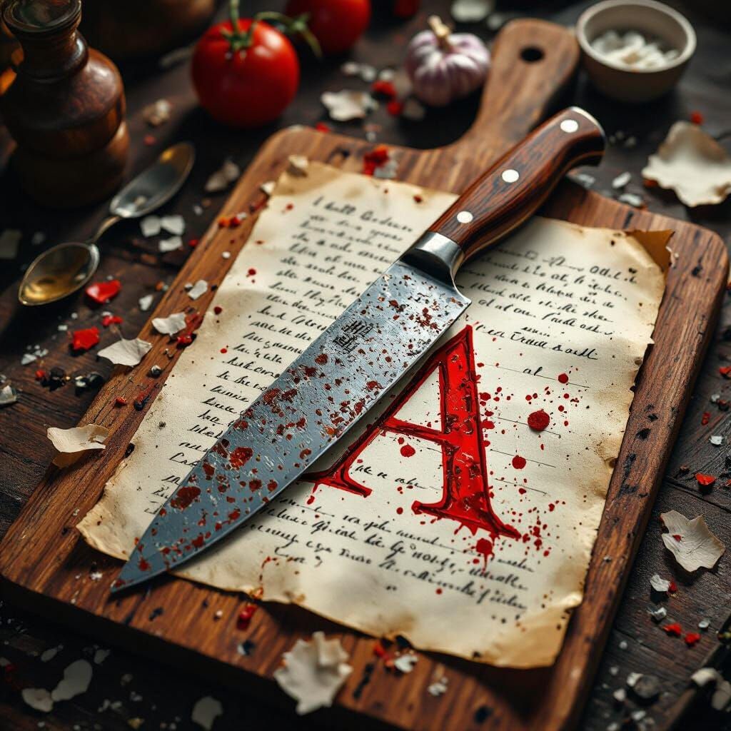 Rusty Knife on Cutting Board with Red Letter A