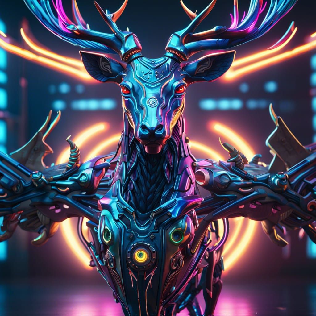Biomechanical Cyberpunk Deer in Epic Battle