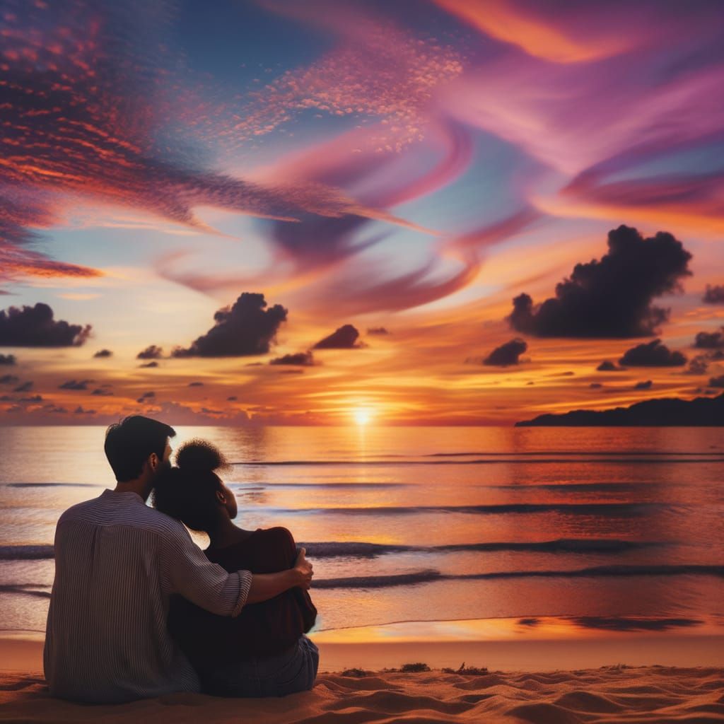 Romantic Sunset Beach Scene with Diverse Couple